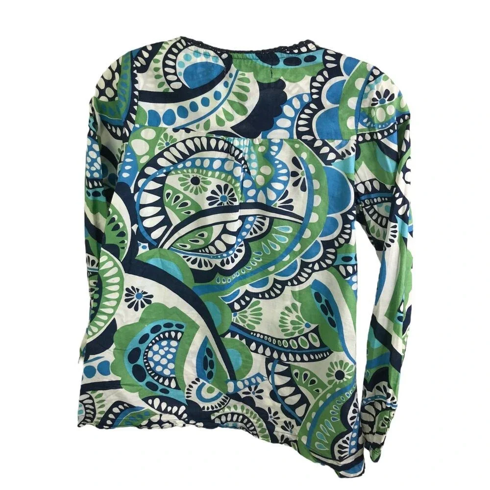 Gap Tunic Top Girls Large 10‎ Green Blue Paisley Boho Split Neck Crochet Trim
